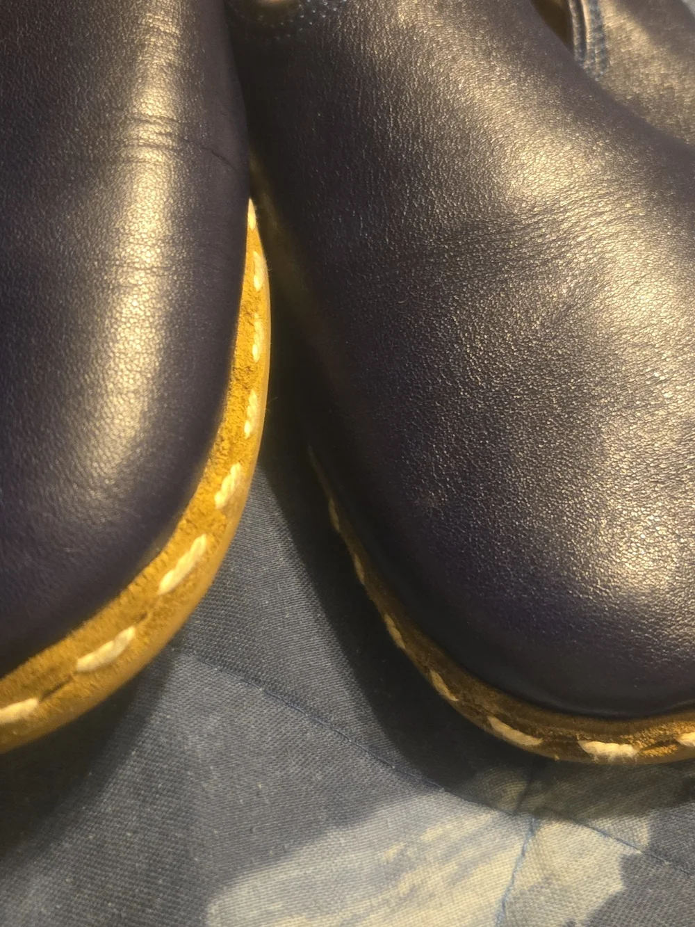 Sabah, Sabah Blue Leather Slip-Ons with Mustard Insole